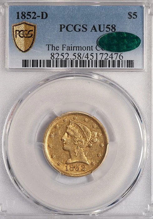 Half Eagle. 1852-D $5 Dahlonega gold coin. PCGS AU58 CAC.