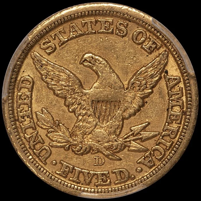 Half Eagle. 1855-D Dahlonega $5 gold coin. Medium D. PCGS AU55 CAC.