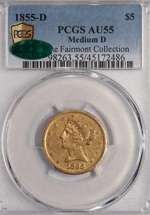 Half Eagle. 1855-D Dahlonega $5 gold coin. Medium D. PCGS AU55 CAC.