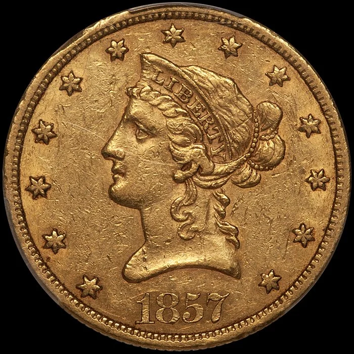 Eagle. 1857-S San Francisco $10 gold coin. PCGS AU50.