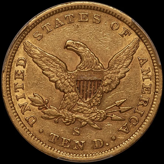 Eagle. 1857-S San Francisco $10 gold coin. PCGS AU50.
