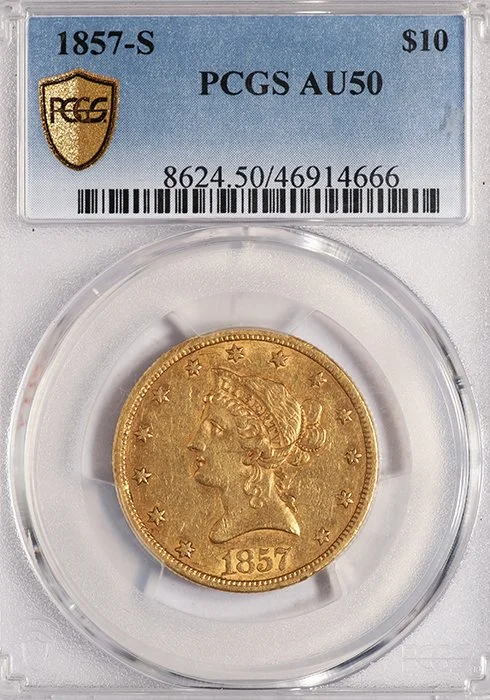 Eagle. 1857-S San Francisco $10 gold coin. PCGS AU50.