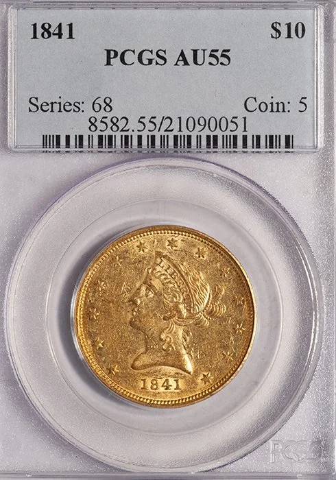 Eagle. 1841 $10 gold coin. PCGS AU55.