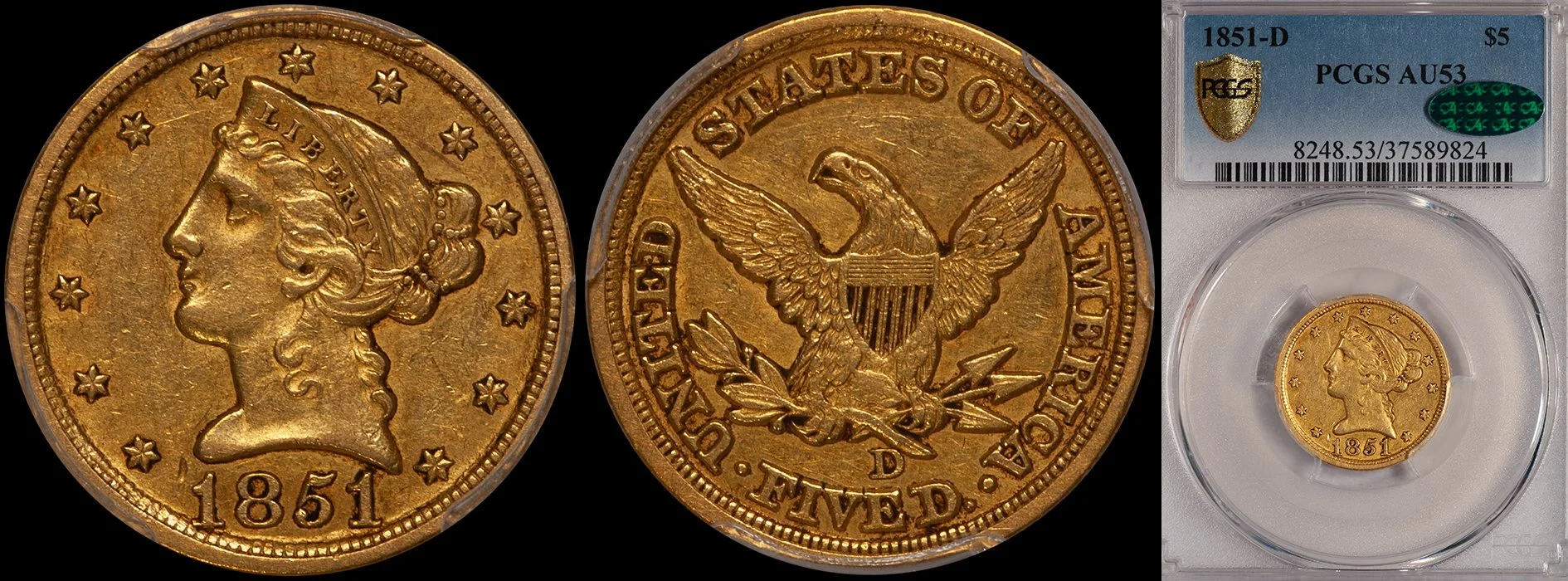 Half Eagle. 1851-D Dahlonega $5 gold coin. PCGS AU53 CAC.