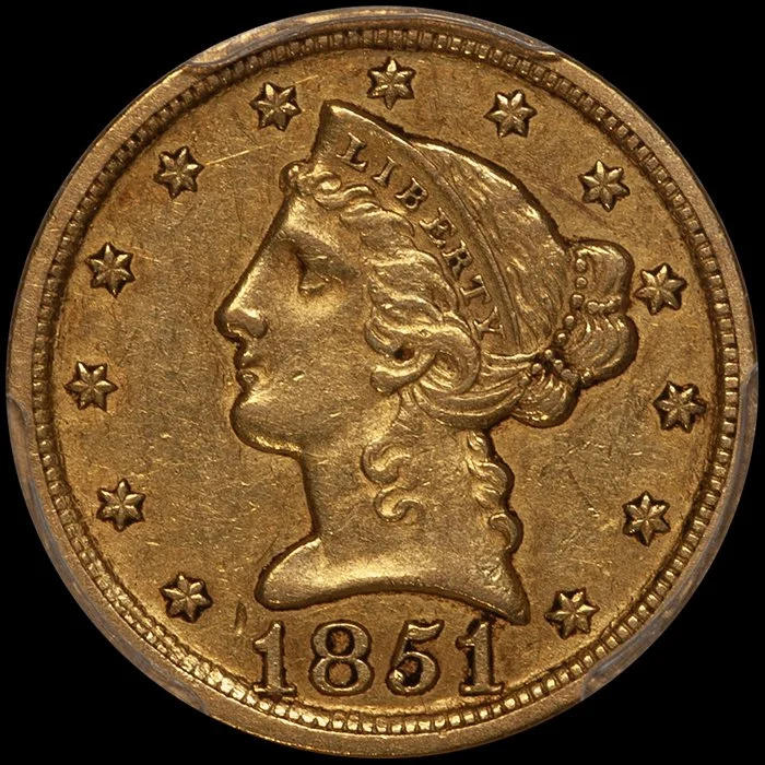 Half Eagle. 1851-D Dahlonega $5 gold coin. PCGS AU53 CAC.
