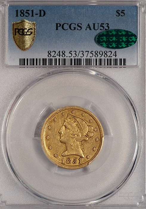 Half Eagle. 1851-D Dahlonega $5 gold coin. PCGS AU53 CAC.