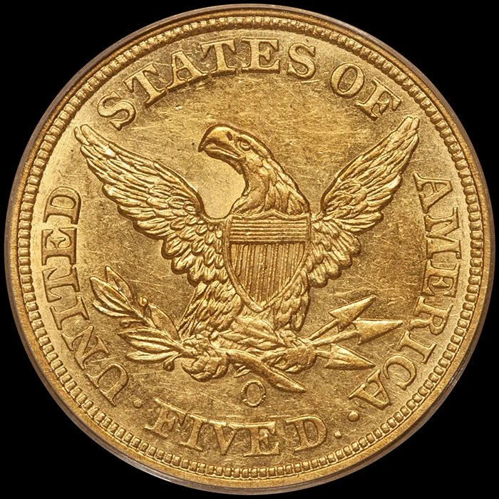 Half Eagle. 1857-O New Orleans $5 gold coin. PCGS MS61.