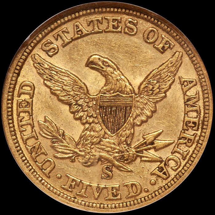 Half Eagle. 1855-S San Francisco $5 gold coin. NGC AU55 CAC.