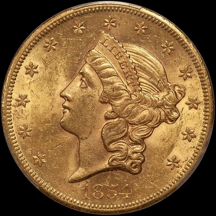 Double Eagle. 1854-S San Francisco $20 gold coin. PCGS MS61.