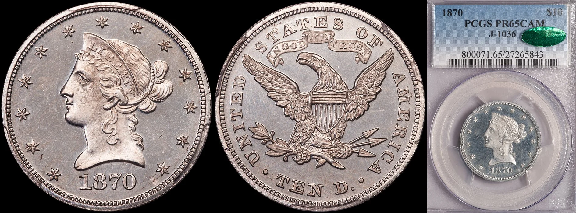 Eagle. 1870 Pattern $10 gold coin. J-1036. PCGS PR65CAM.