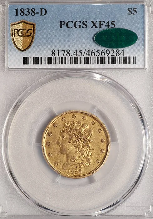 Half Eagle. 1838-D Dahlonega $5 gold coin. PCGS EF45 CAC. | Rare Gold ...