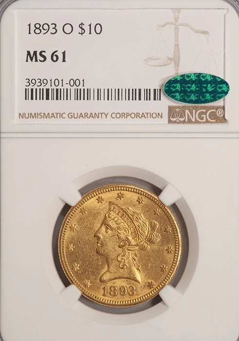 Eagle. 1893-O New Orleans $10 gold coin. NGC MS61 CAC.