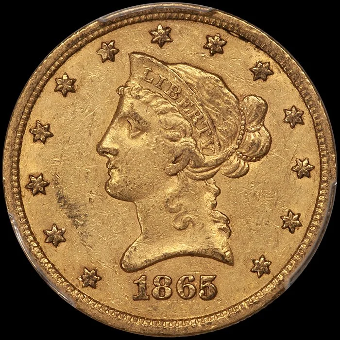 Eagle. 1865-S Inverted Date San Francisco $10 gold coin. PCGS AU55 CAC.