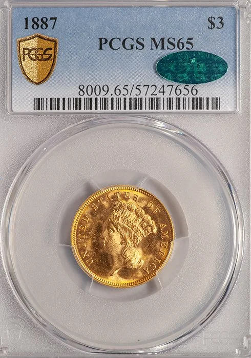 Three Dollars. 1887 $3.00 gold coin. PCGS MS65 CAC.