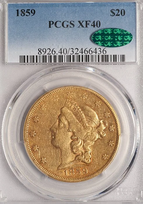 Double Eagle. 1859 $20 gold coin. PCGS EF40 CAC. (Copy)