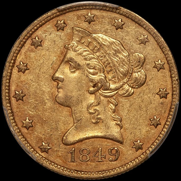 Eagle. 1849 $10 gold coin. PCGS AU5 CAC. Fairmont.