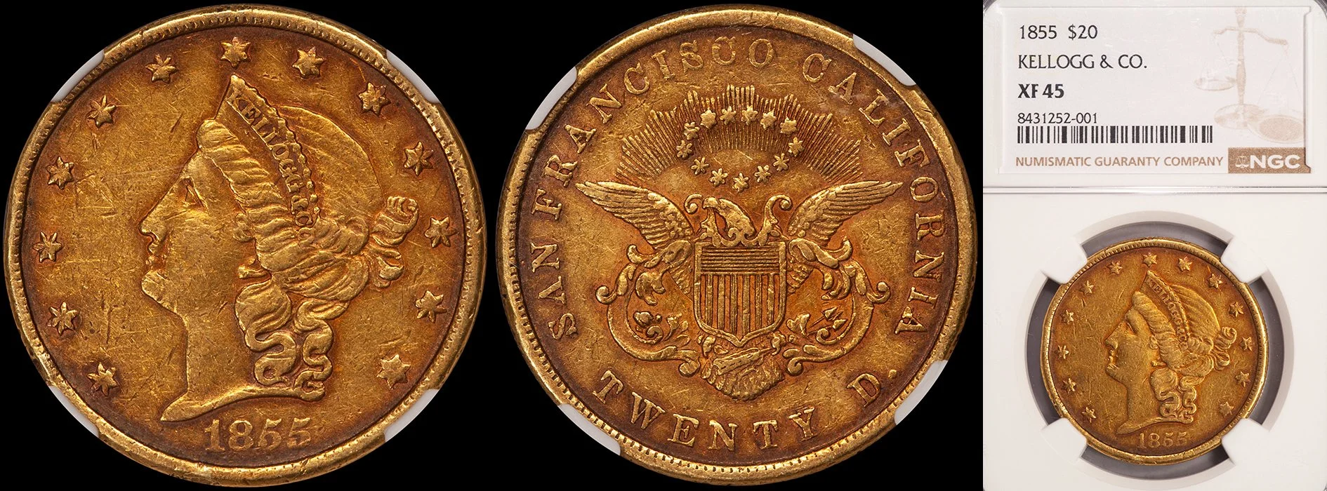 ouble Eagle. 1855 Kellogg $20.00 gold coin. NGC EF45.