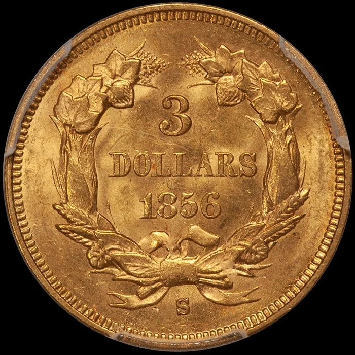 Three Dollars. 1856-S San Francisco $3.00 gold coin. PCGS MS63.
