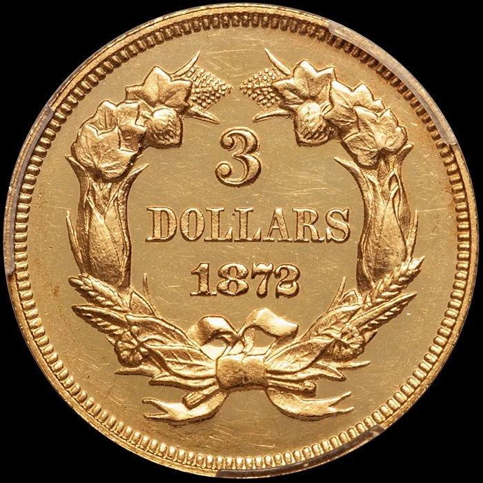 Three Dollars. 1872 $3 gold coin. PCGS PR62 Cameo.