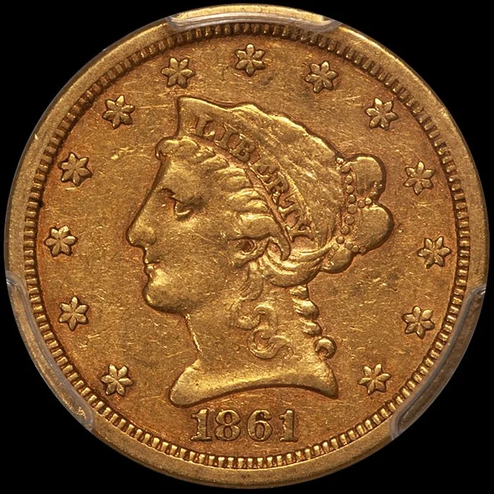 Quarter Eagle. 1861-S San Francisco $2.50 gold coin. PCGS EF45 CAC.