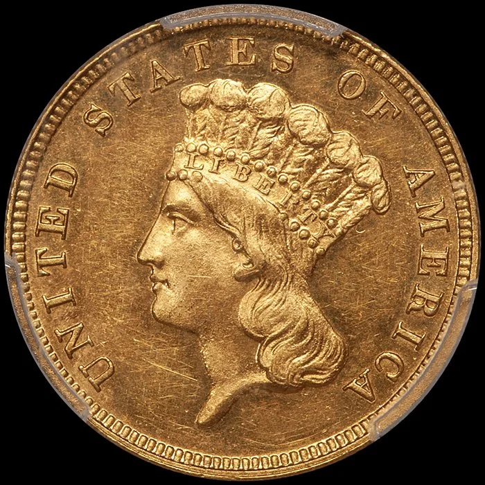 Three Dollars. Proof 1884 $3 gold coin. PCGS PR62 CAC. (Copy)