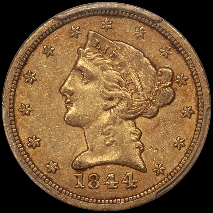 Half Eagle. 1844-O New Orleans $5 gold coin. PCGS EF45 CAC.