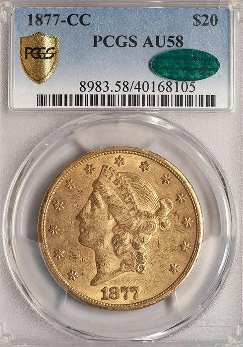 Double Eagle. 1877-CC Carson City $20.00 gold coin. PCGS AU58 CAC.