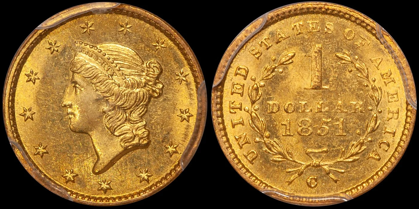 Gold Dollar. 1851-C Charlotte $1 gold coin. PCGS MS64 CAC.