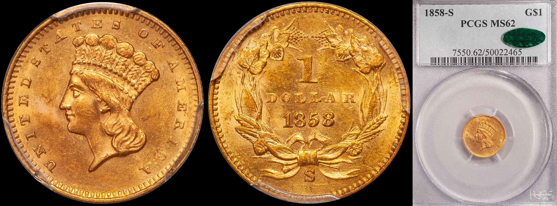 Gold Dollar. 1858-S San Francisco $1 gold coin. PCGS MS62 CAC.