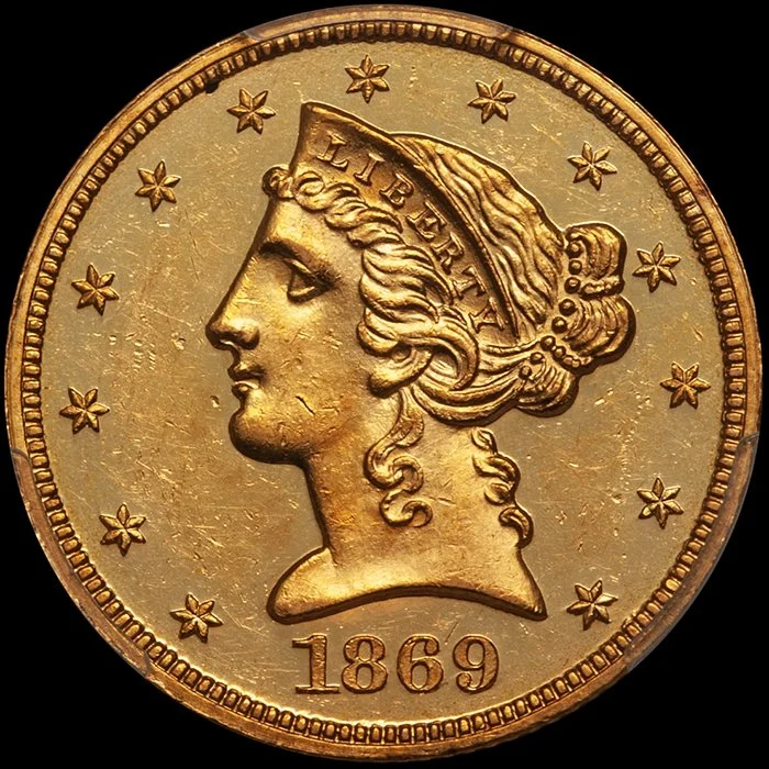 Half Eagle. 1869 Proof $5.00 gold coin. PCGS PR62CAM.