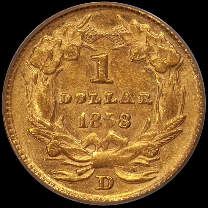 Gold Dollar. 1858-D Dahlonega $1.00 gold coin. PCGS AU58 CAC.