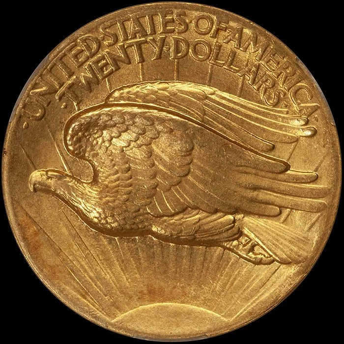 Double Eagle. MCMVII (1907) St. Gaudens High Relief, Wire Edge, $20 gold coin. CACG MS61.