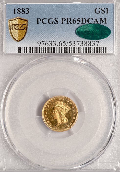 Gold Dollar. 1883 Proof $1.00 gold coin. PCGS PR65DCAM CAC.
