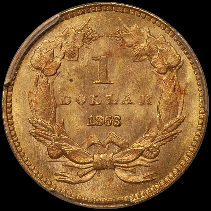 Gold Dollar. 1863 $1.00 gold coin. PCGS MS64+ CAC.