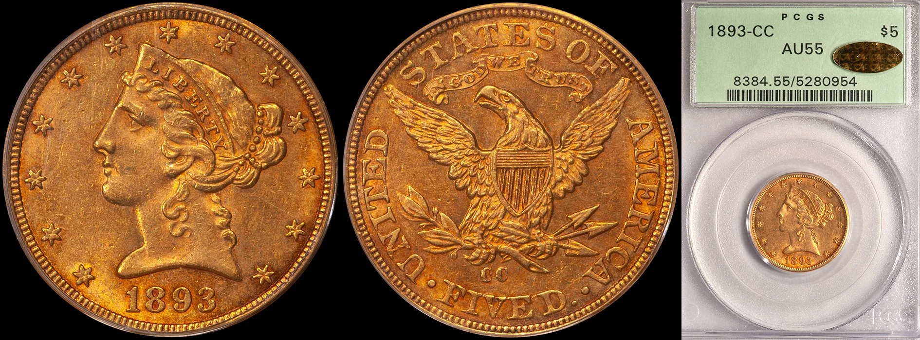 JUST ADDED - $5.00 - 1893-CC PCGS AU55, CAC Gold Sticker. OGH