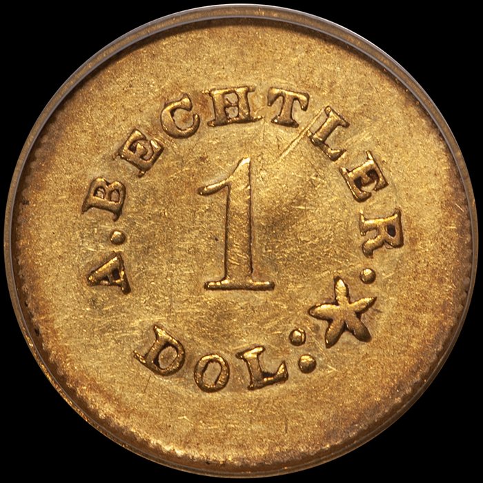 Gold Dollar. A. Bechtler $1 gold coin. PCGS AU55 CAC. 27gr. 21 c.
