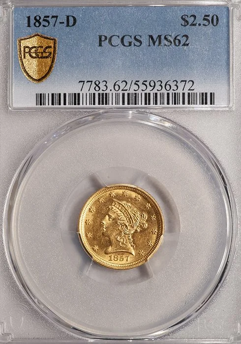 Quarter Eagle. 1857-D Dahlonega $2.50 gold coin. PCGS MS62.