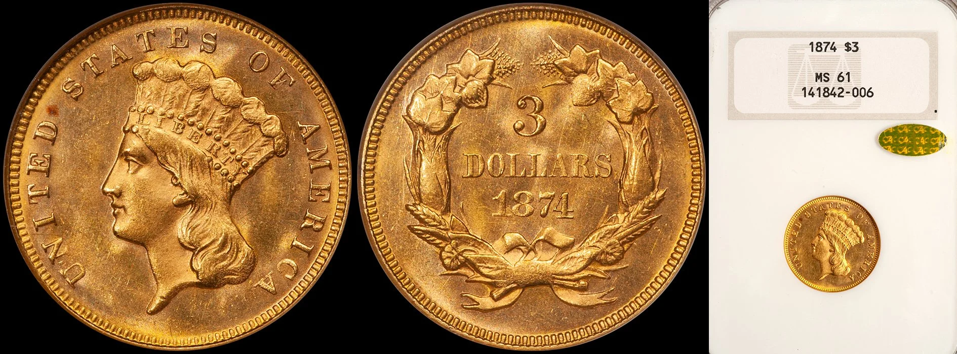 Three Dollars. 1874 $3.00 gold coin. NGC MS61, CAC Gold Sticker.