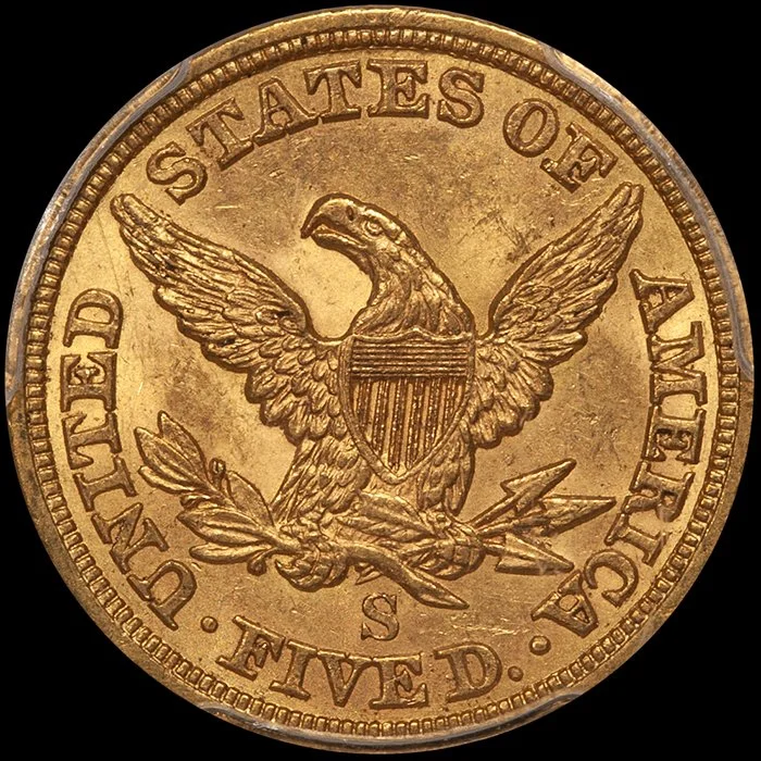 Half Eagle. 1857-S San Francisco $5 gold coin. PCGS MS61 CAC.