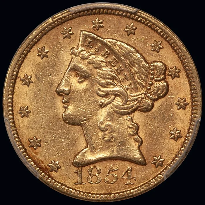 Half Eagle. 1854 $5 gold coin. PCGS MS61.