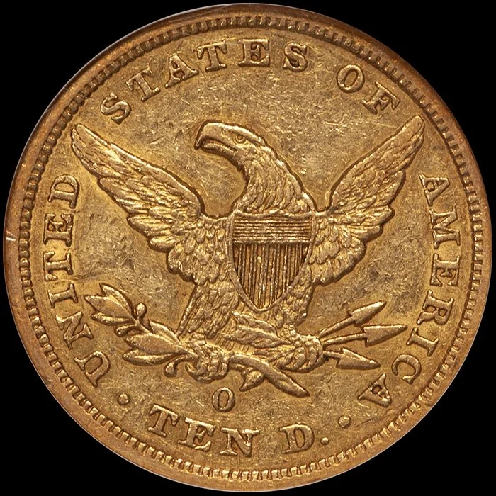 Eagle. 1859-O New Orleans $10 gold coin. NGC AU55.
