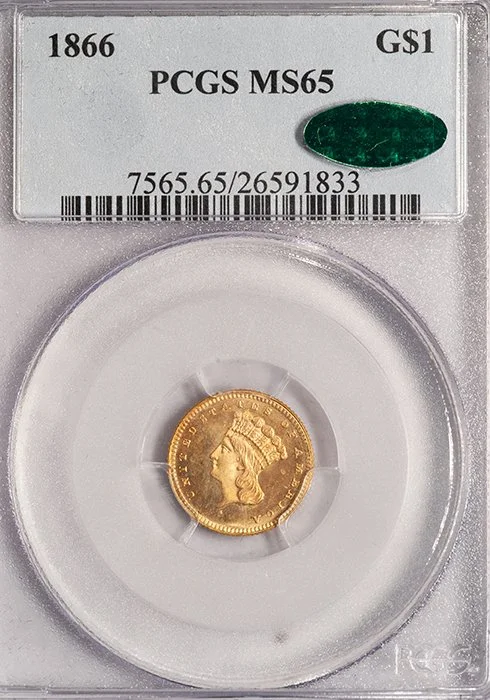 Gold Dollar. 1866 $1 gold coin. PCGS MS65 CAC.