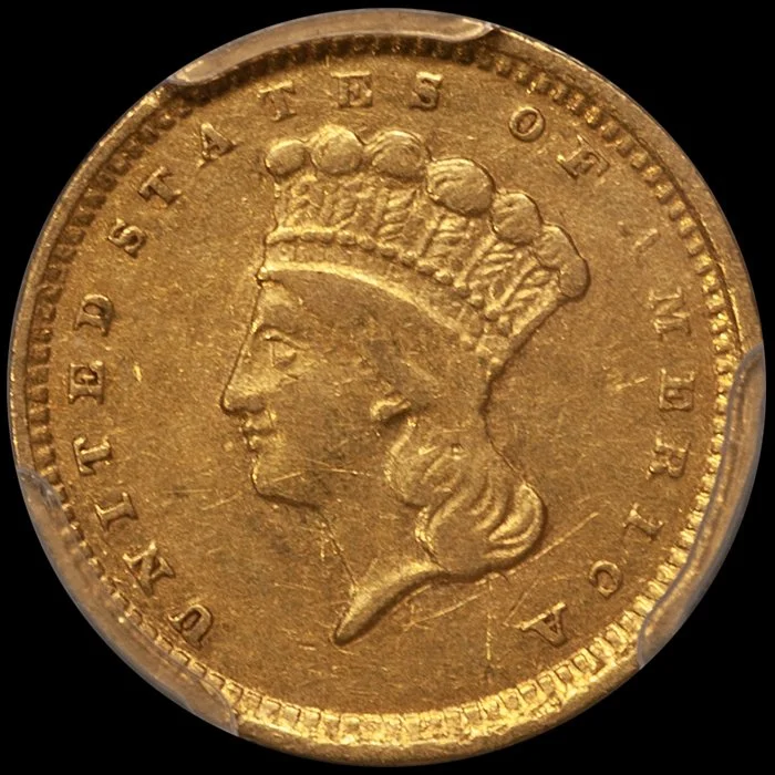 Gold Dollar. 1857-C Charlotte $1 gold coin. PCGS EF45.