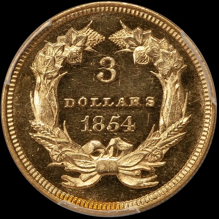 Three Dollars. 1854 $3 gold coin. PCGS PR62.