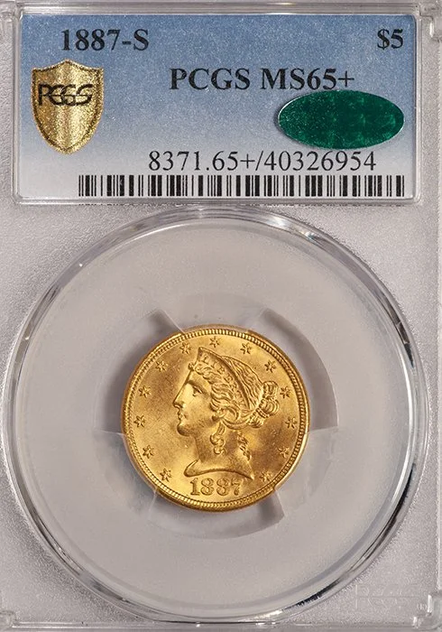 Half Eagle. 1887-S San Francisco $5 gold coin. PCGS MS65+ CAC.