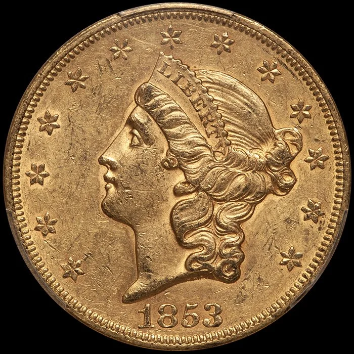 Double Eagle. 1853 $20 Gold Coin. PCGS AU58 CAC. (Copy)