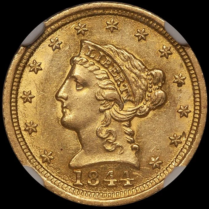 Quarter Eagle. 1844-D Dahlonega $2.50 gold coin. NGC MS61.