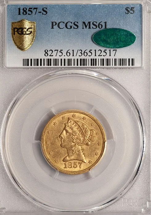Half Eagle. 1857-S San Francisco $5 gold coin. PCGS MS61 CAC.