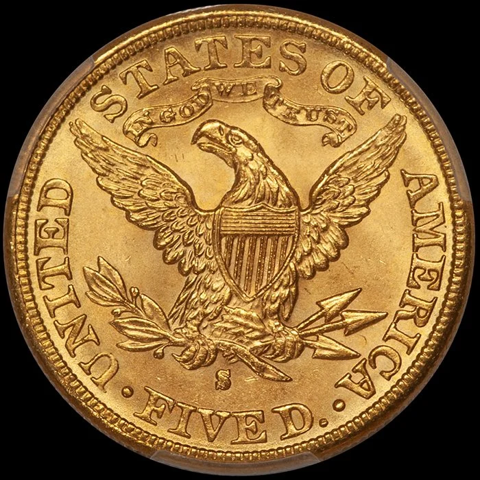 Half Eagle. 1887-S San Francisco $5 gold coin. PCGS MS65+ CAC.