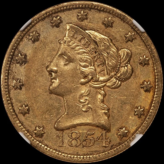 Eagle. 1854-O New Orleans Large Date $10 gold coin. NGC AU53 CAC.